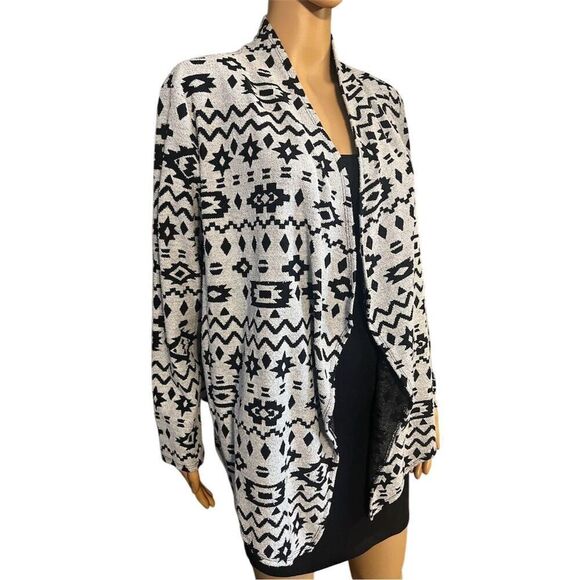 Ruby Rd. Women's PXL Black Geometric Open Front Knit Cardigan Sweater - Picture 2 of 5